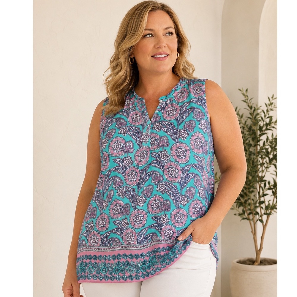 Talbots Plus 2X Floral Border Print Sleeveless Rayon Split Neck Blouse Top